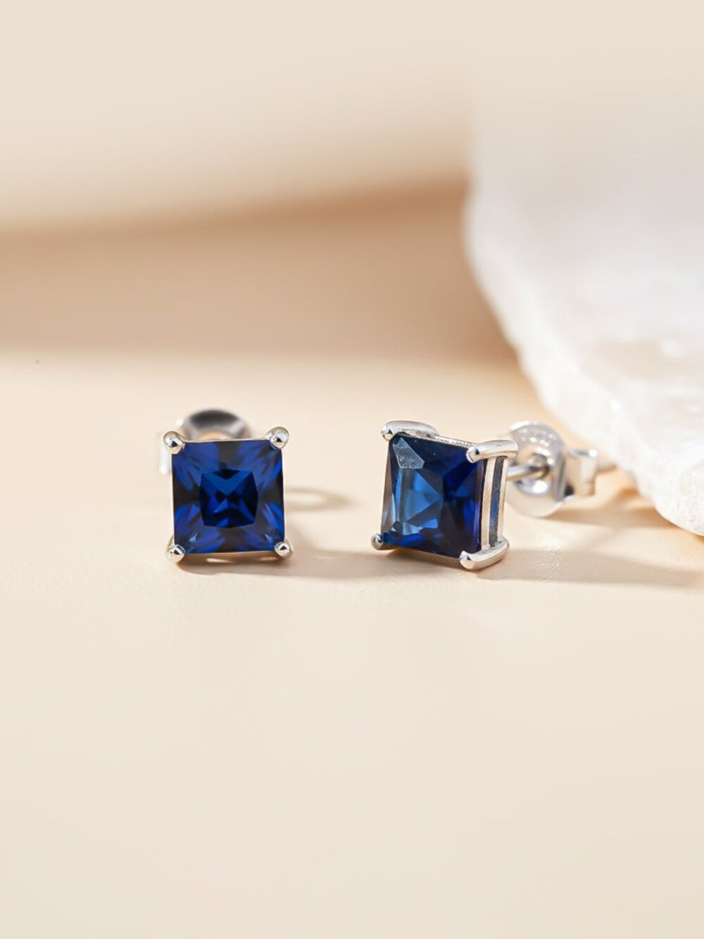 Silver Princess Blue Sapphire Stud Earrings For Women Gold Vermeil (2.5 Micron)